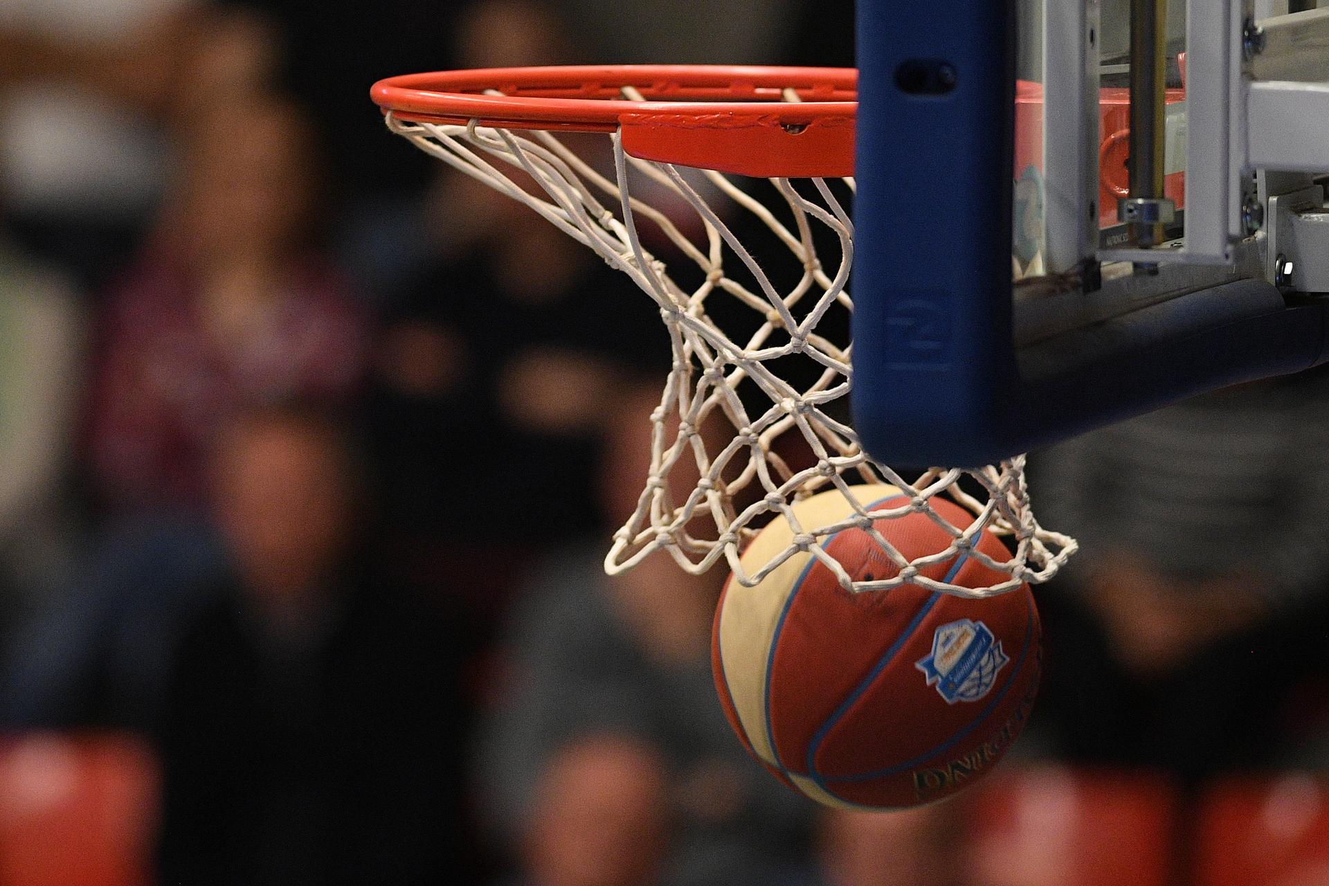 Illustration picture shows the ball and ring during the basketball match between Okapi Aalstar and Spirou Charleroi, Saturday 13 April 2019 in Aalst, on day 25 of the 'EuroMillions League' Belgian first division. BELGA PHOTO DAVID STOCKMAN