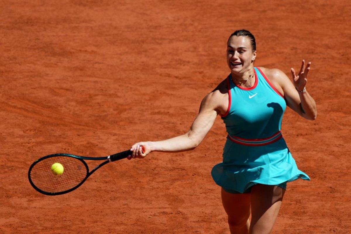 Belarus' Aryna Sabalenka plays a forehand return to Serbia's Olga Danilovic during their women's singles match on day 6 of the French Open tennis tournament on Court Philippe-Chatrier at the Roland-Garros Complex in Paris on May 30, 2025. Dimitar DILKOFF / AFP