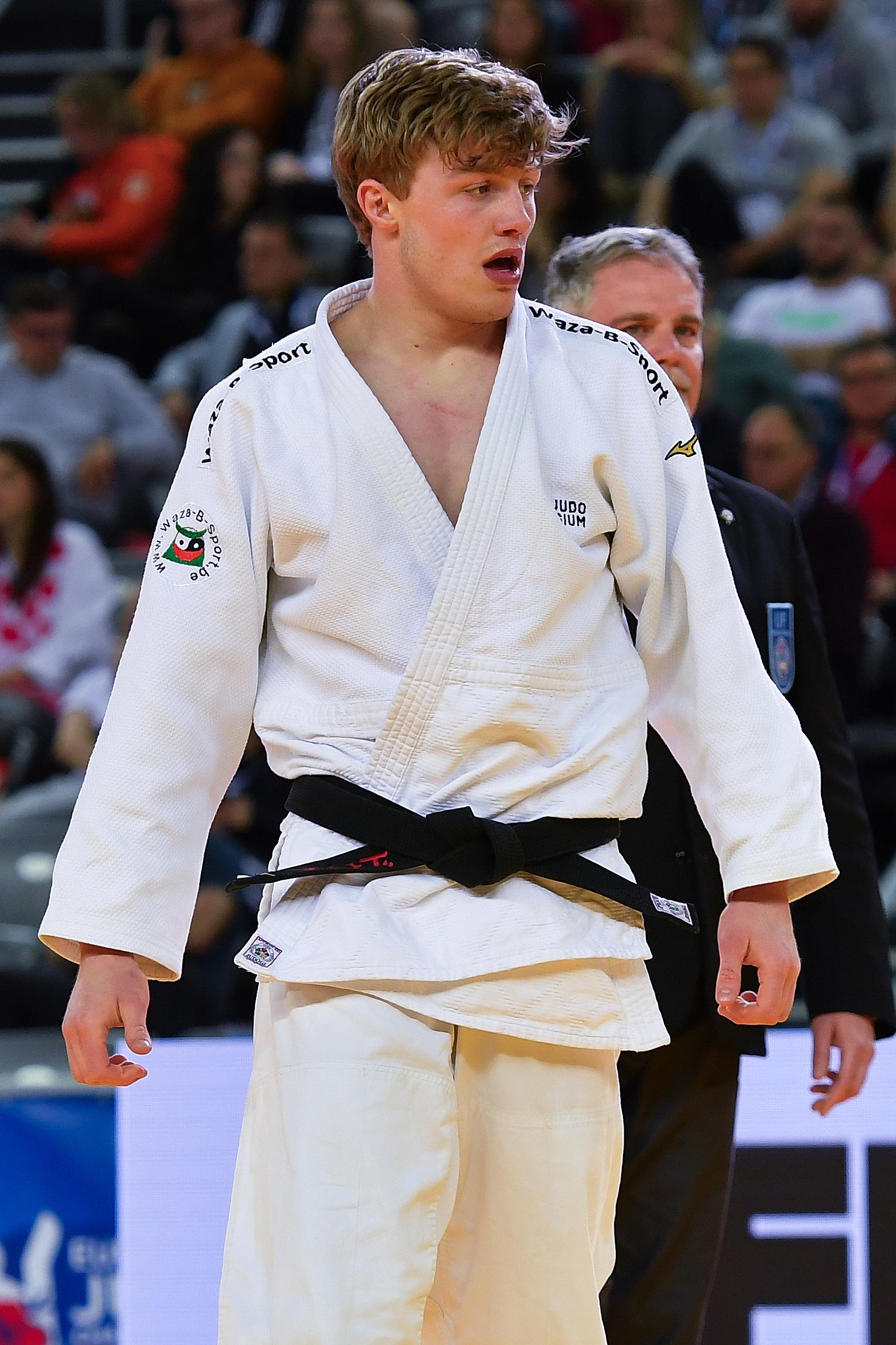 Belgian Jarne Duyck (White) reacts during a fight in the men's -81kg pool C at the European Championships judo in Zagreb, Croatia on Friday 26 April 2024. The tournament is taking place from 25 tot 27 April. BELGA PHOTO NIKOLA KRISTC
