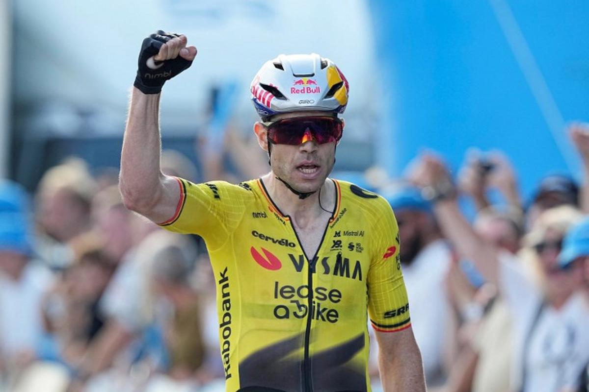 Team Visma - Lease a bike team's Belgian rider Wout van Aert celebrates during Stage 1 of the PostNord Danmark Rundt, in Aalborg on, July 29, 2026. Bo Amstrup / Ritzau Scanpix / AFP