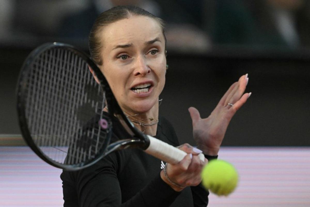 Ukraine's Elina Svitolina hits a return to USA's Coco Gauff during the WTA Rome Open tennis tournament final at Foro Italico in Rome on May 16, 2026. Tiziana FABI / AFP