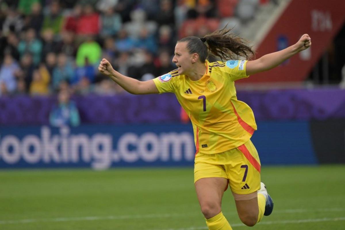 Belgium's forward #07 Hannah Eurlings celebrates after scoring her team's second goal during the UEFA Women's Euro 2025 Group B football match between Spain and Belgium at the Arena Thun stadium in Thun on July 7, 2025. Miguel MEDINA / AFP