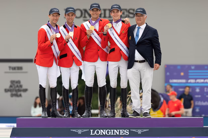 ATTENTION EDITORS - HANDOUT PICTURES - EDITORIAL USE ONLY - MANDATORY CREDIT MANDATORY CREDIT DIRK CAREMANS Handout picture released on Friday 19 July, by Dirk Caremans shows The Belgian showjumping team with Devos Pieter, Thomas Gilles, Philippaerts Nicola, Spits Thibault and Weinberg Peter, who claimed the gold medal on Friday evening in La Coruna, Spain, at the European Championship for Nations. Belga and Belga Editorial Board decline all responsibility regarding the content of this picture. HAND OUT DIRK CAREMANS