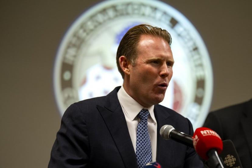 Andrew Giuliani, Executive Director of the White House Task Force on the FIFA World Cup 2026 and FBI Special Agent in Charge Doug Olson, Senior Coordinating Official for the 2026 FIFA World Cup participate in a Q and A session with members of the press at the International Police Cooperation Center for the 2026 FIFA World Cup at The National Conference Center in Leesburg, Virginia on June 29, 2026. Kent Nishimura / AFP
