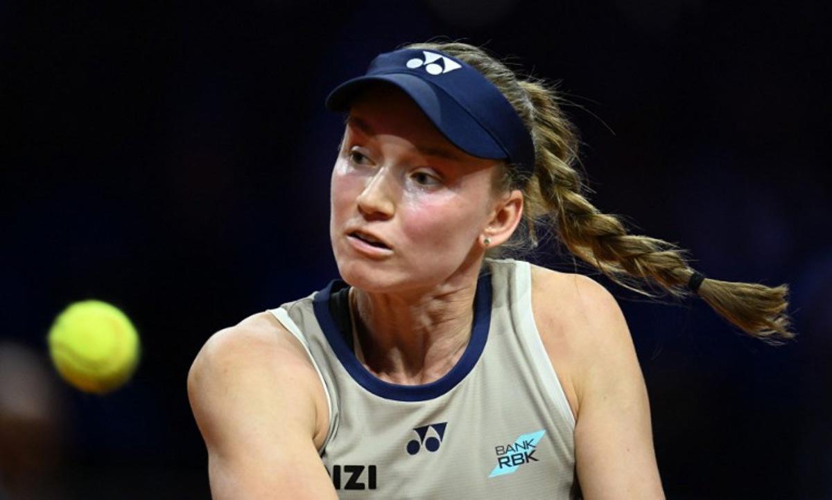 Kazakhstan's Elena Rybakina eyes the ball as she plays against Russia's Mirra Andreeva (not in picture) during their semifinal match at the Women's Tennis Grand Prix WTA tournament in Stuttgart, southwestern Germany, on April 18, 2026. THOMAS KIENZLE / AFP