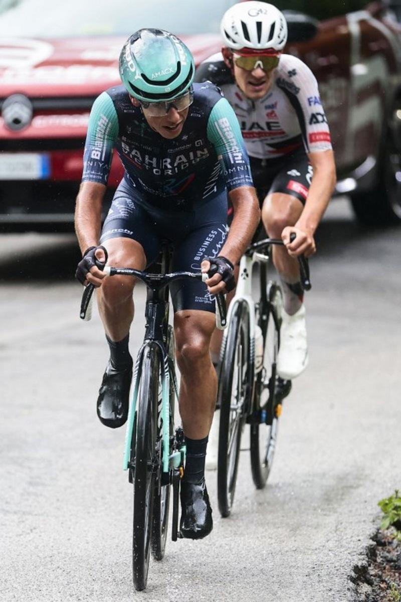 Bahrain - Victorious Portuguese rider Afonso Eulalio (Front) and UAE Team Emirates - XRG Spanish rider Igor Arrieta ride in a breakaway during the 5th stage of the Giro d'Italia 2026 - Tour of Italy cycling race between Praia a Mare and Potenza, southern Italy on May 13, 2026. Luca BETTINI / AFP