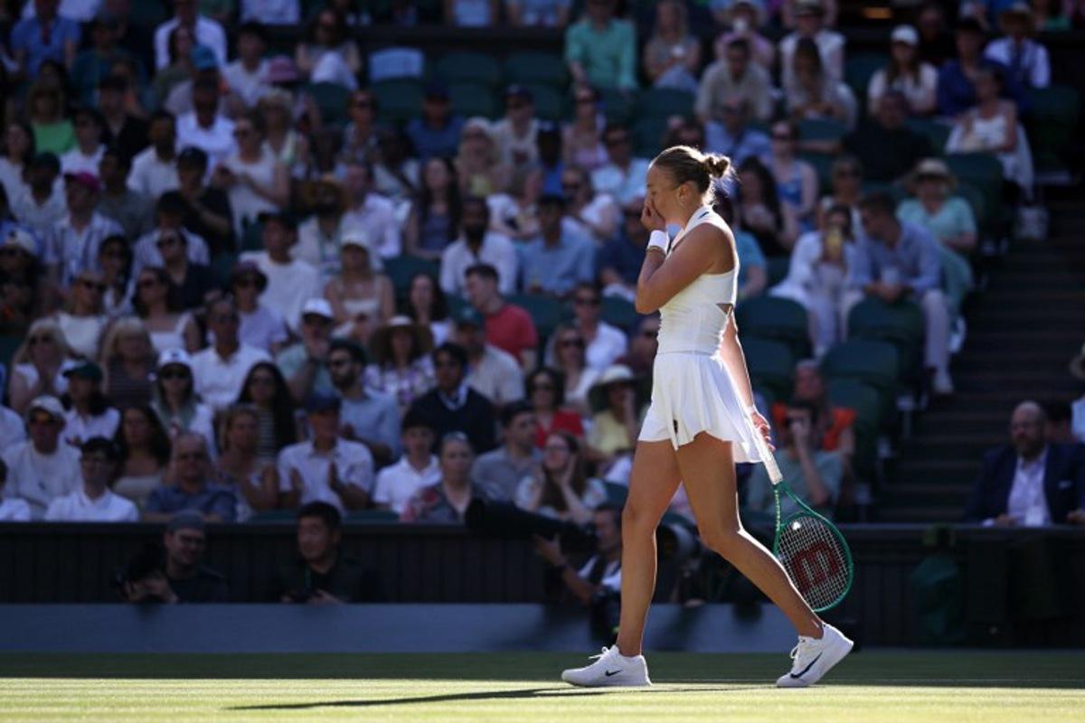 US player Amanda Anisimova reacts as she plays against US player Madison Keys during their women's singles third round tennis match on the sixth day of the 2026 Wimbledon Championships at The All England Lawn Tennis and Croquet Club in Wimbledon, southwest London, on July 4, 2026. Henry NICHOLLS / AFP