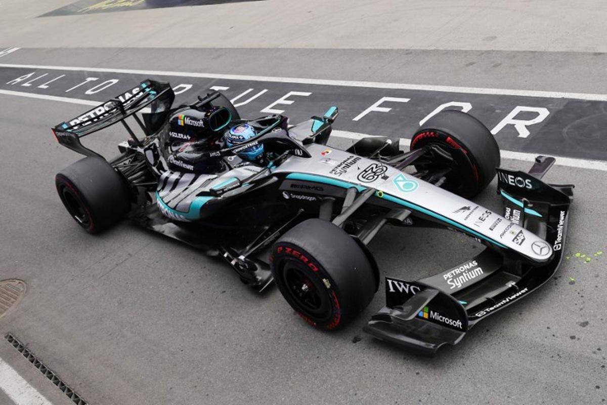 Mercedes' British driver George Russell drives in pit lane during the qualifying session for the 2026 Formula 1 Grand Prix du Canada at Circuit Gilles-Villeneuve in Montreal, Canada, on May 23, 2026. Cristobal Herrera-Ulashkevich / POOL / AFP