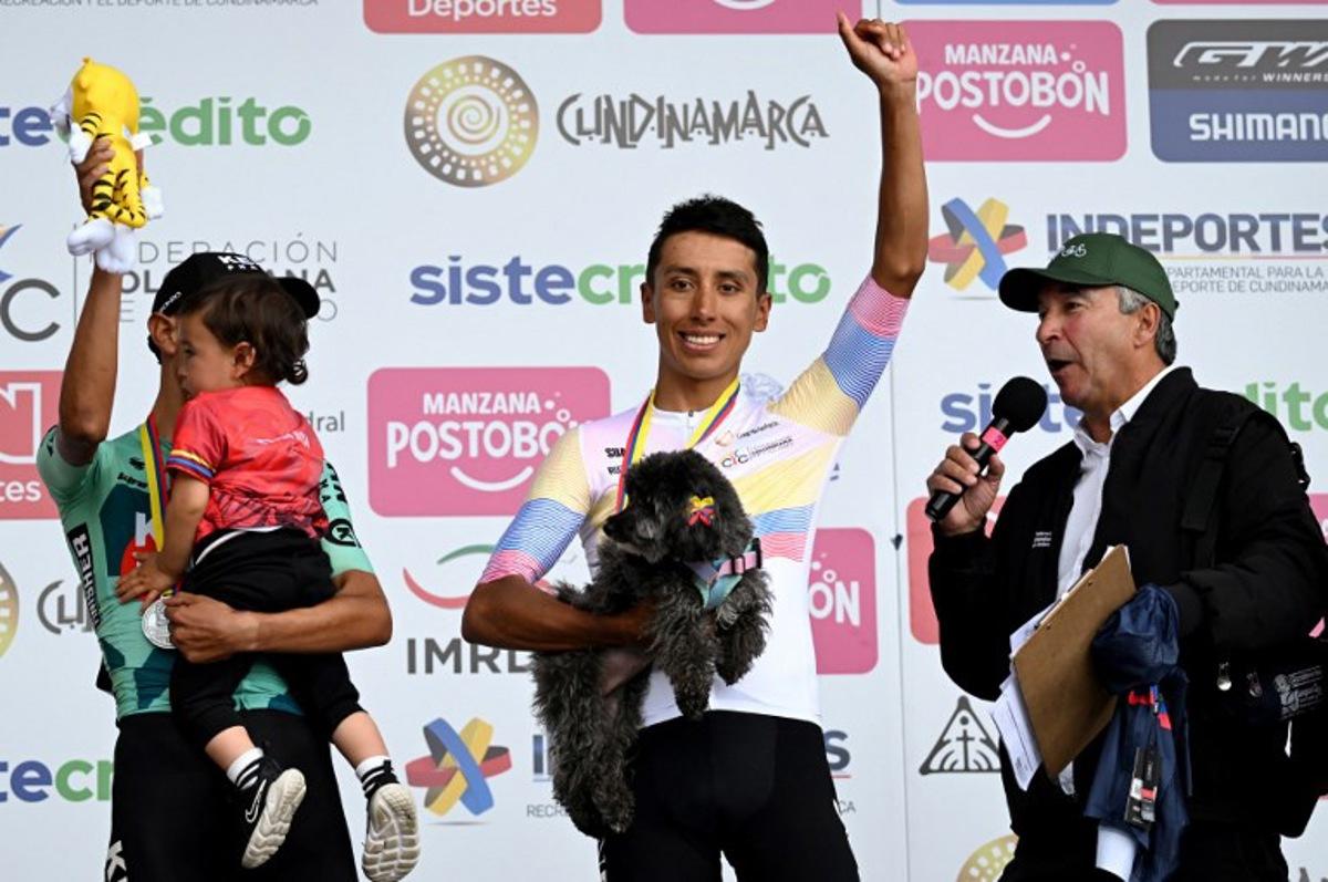 Colombia's cyclist Egan Bernal (C) celebrates on the podium after winning the National Road Cycling Championships in Zipaquira, Colombia, on February 8, 2026. Raul ARBOLEDA / AFP