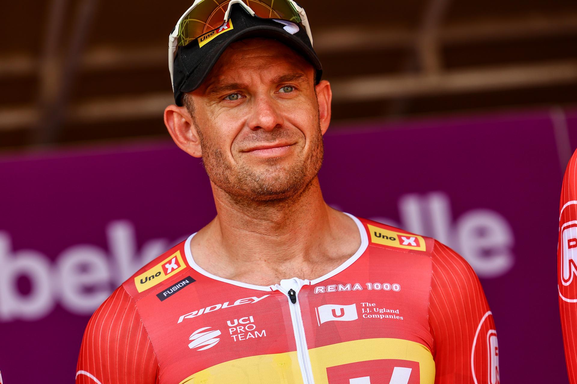 Norwegian Alexander Kristoff of Uno-X Mobility pictured during team presentation before the first stage of the Baloise Belgium Tour cycling race, 198km from Merelbeke-Melle to Knokke-Heist, Wednesday 18 June 2025. The Baloise Belgium Tour takes place from 18 to 22 June. BELGA PHOTO DAVID PINTENS