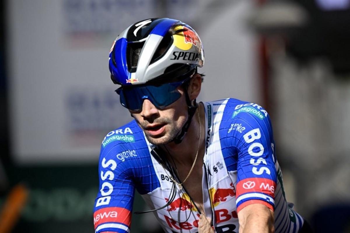 Team Bora's Slovenian rider Primoz Roglic, second placed in the overall standings, crosses the finish line of the fifth stage of the Basque Country's Itzulia cycling tour, a 176.2 km race starting and finishing in Eibar, on April 10, 2026. ANDER GILLENEA / AFP