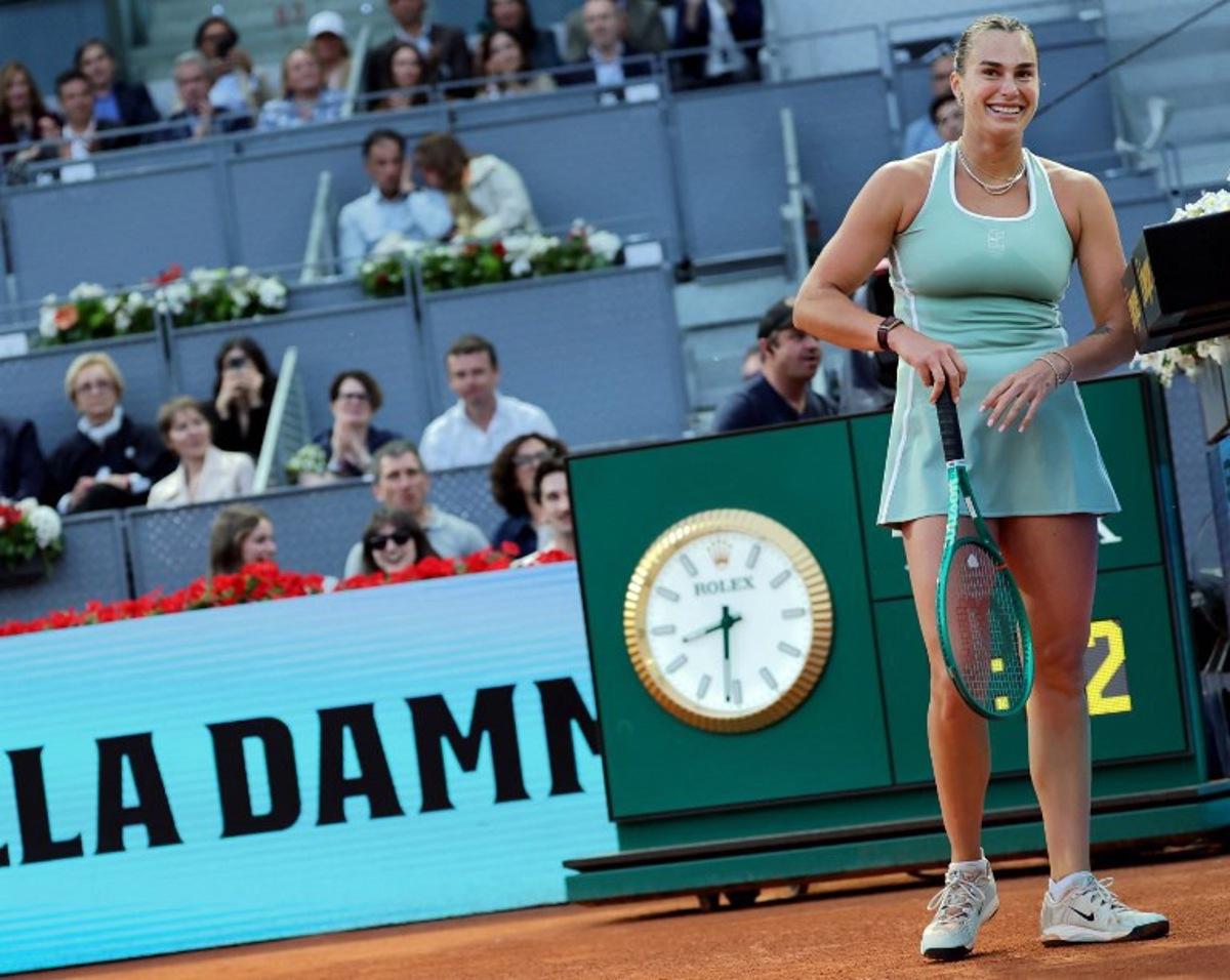 Belarus' Aryna Sabalenka reacts after winning a game to Romania's Jacqueline Cristian during their 2026 WTA Tour Madrid Open tennis tournament third round singles match at the Caja Magica in Madrid, on April 25, 2026. Thomas COEX / AFP