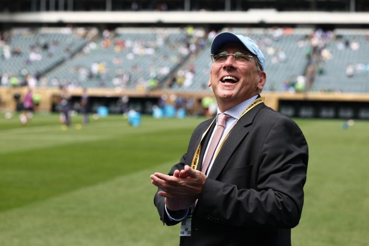 US businessman and owner of Botafogo John Textor acknowledges the crowd ahead the FIFA Club World Cup 2025 round of 16 all-Brazilian football match between Palmeiras and Botafogo at Lincoln Financial Field Stadium in Philadelphia on June 28, 2025. FRANCK FIFE / AFP