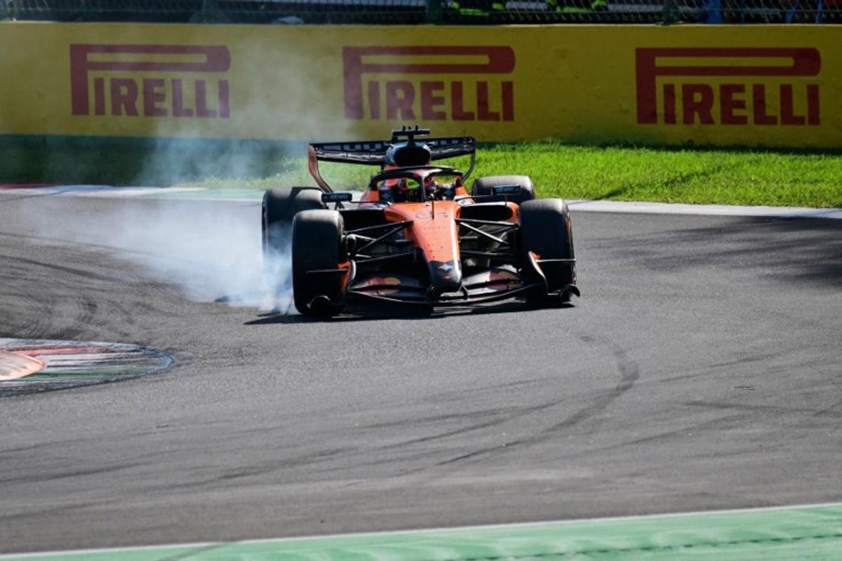 smoke billows from the car of McLaren's Australian driver Oscar Piastri during the qualifying session of the Italian Formula One Grand Prix at the Autodromo Nazionale Monza circuit in Monza, northern Italy on September 5, 2026. Andrej ISAKOVIC / AFP
