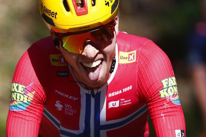 Uno X Mobility Norwegian rider Andreas Leknessund climbs the Ungiasca during the last kilometers of the 13th stage of the Giro d'Italia 2026 - Tour of Italy cycling race between Alessandria and Verbania, Italy, on May 22, 2026. Luca Bettini / AFP