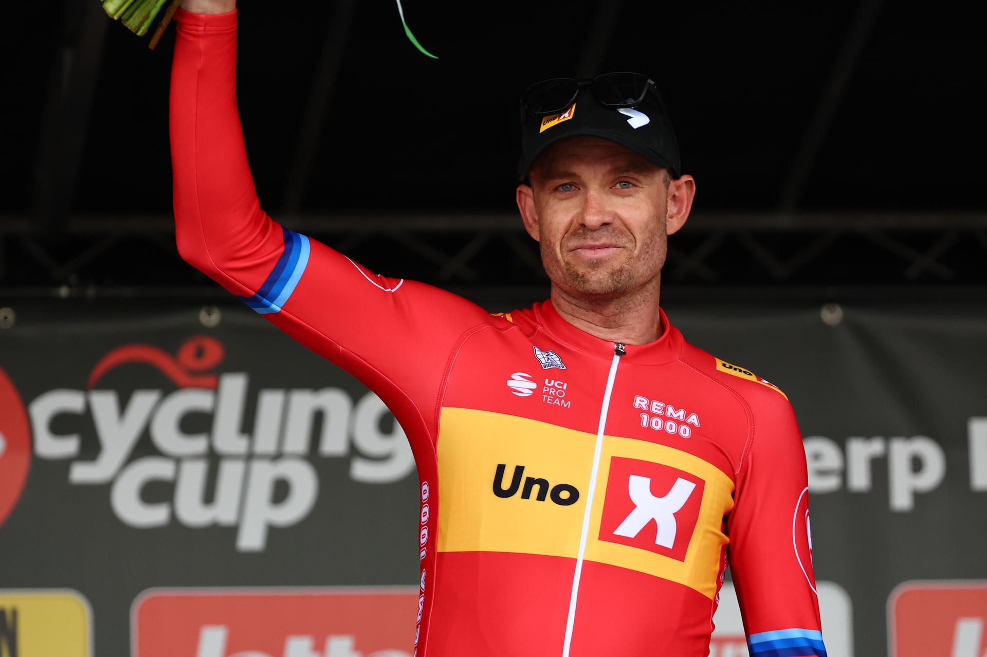 Norwegian Alexander Kristoff of Uno-X Mobility celebrates on the podium after winning the 'Antwerp Port Epic' 'Schaal Sels' men's elite one day cycling race, 177,9 km in and around Antwerp, fifth race (5/10) in the Lotto Cycling Cup, Sunday 19 May 2024. BELGA PHOTO DAVID PINTENS