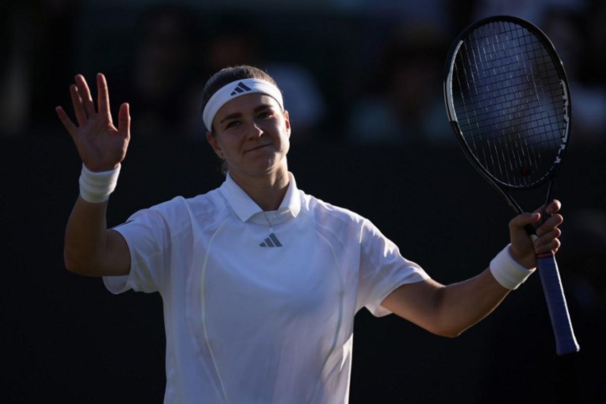 Czech Republic's Karolina Muchova celebrates winning against Thiland's Mananchaya Sawangkaew during their women's singles third round tennis match on the fifth day of the 2026 Wimbledon Championships at The All England Lawn Tennis and Croquet Club in Wimbledon, southwest London, on July 3, 2026. Henry Nicholls / AFP