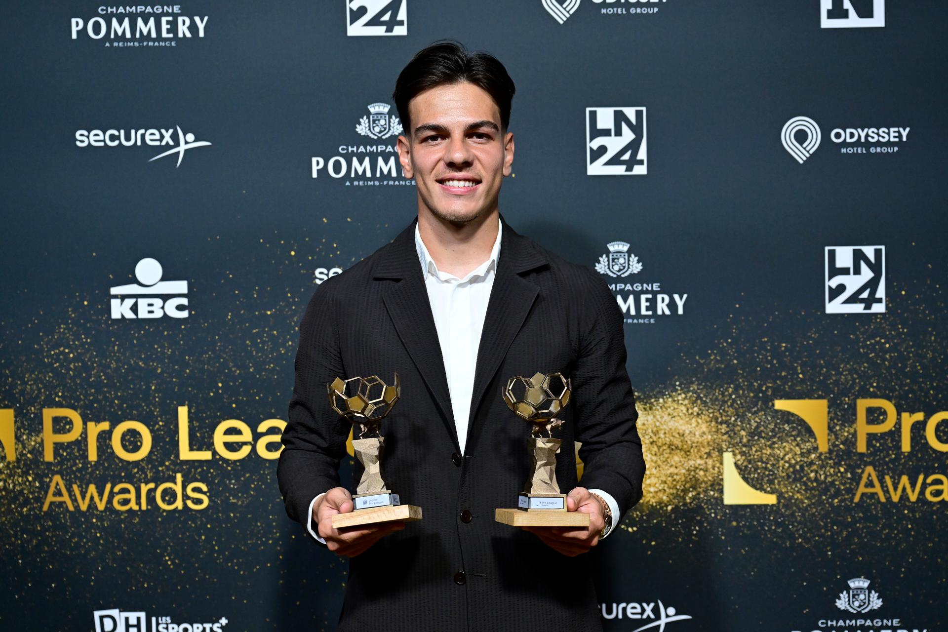 Club's Ardon Jashari poses with his awards during the Pro League Awards 2025, for the best players in the 1st and 2nd divisions of the 2024_2025 Belgian soccer championships, Monday 26 May 2025 in Antwerp. BELGA PHOTO DIRK WAEM