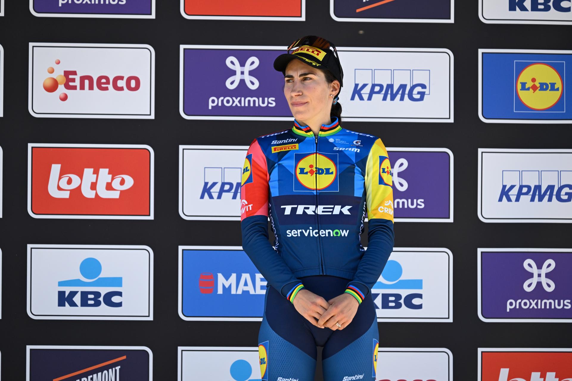 Italian Elisa Balsamo of Lidl-Trek pictured on the podium of the women's race of the 'Scheldeprijs' one day cycling event, 130,3km from and to Schoten on Wednesday 08 April 2026. BELGA PHOTO TOM GOYVAERTS