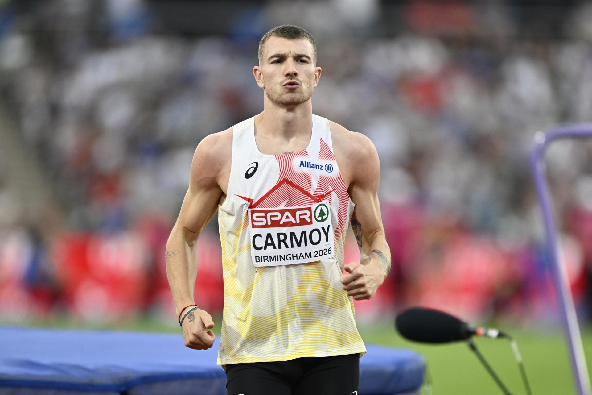 Belgian Thomas Carmoy pictured in action during the finals of the high jump event, on the fifth day of the European Athletics Championships (August 10-18) in Birmingham, United Kingdom, on Friday 14 August 2026. BELGA PHOTO ERIC LALMAND