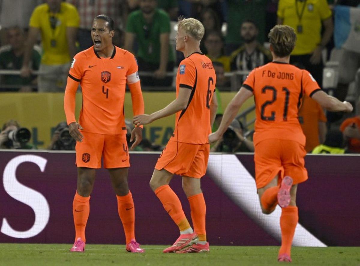 Netherlands' defender #04 Virgil van Dijk reacts during the 2026 World Cup round of 32 football match between the Netherlands and Morocco at the Monterrey Stadium in Guadalupe on June 29, 2026. Alfredo ESTRELLA / AFP