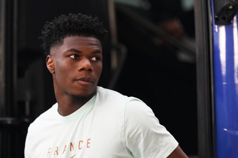 France's midfielder #08 Aurelien Tchouameni arrives ahead of the 2026 World Cup Group I football match between Norway and France at the Boston Stadium in Foxborough on June 26, 2026. MAURO PIMENTEL / AFP