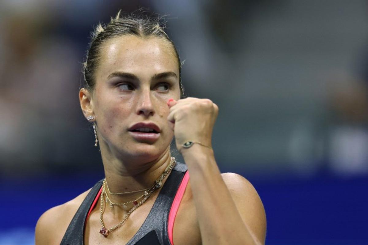 Belarus's Aryna Sabalenka celebrates after winning her women's singles second round tennis match against Russia's Polina Kudermetova on day four of the US Open tennis tournament at the USTA Billie Jean King National Tennis Center in New York City, on August 27, 2025. CHARLY TRIBALLEAU / AFP