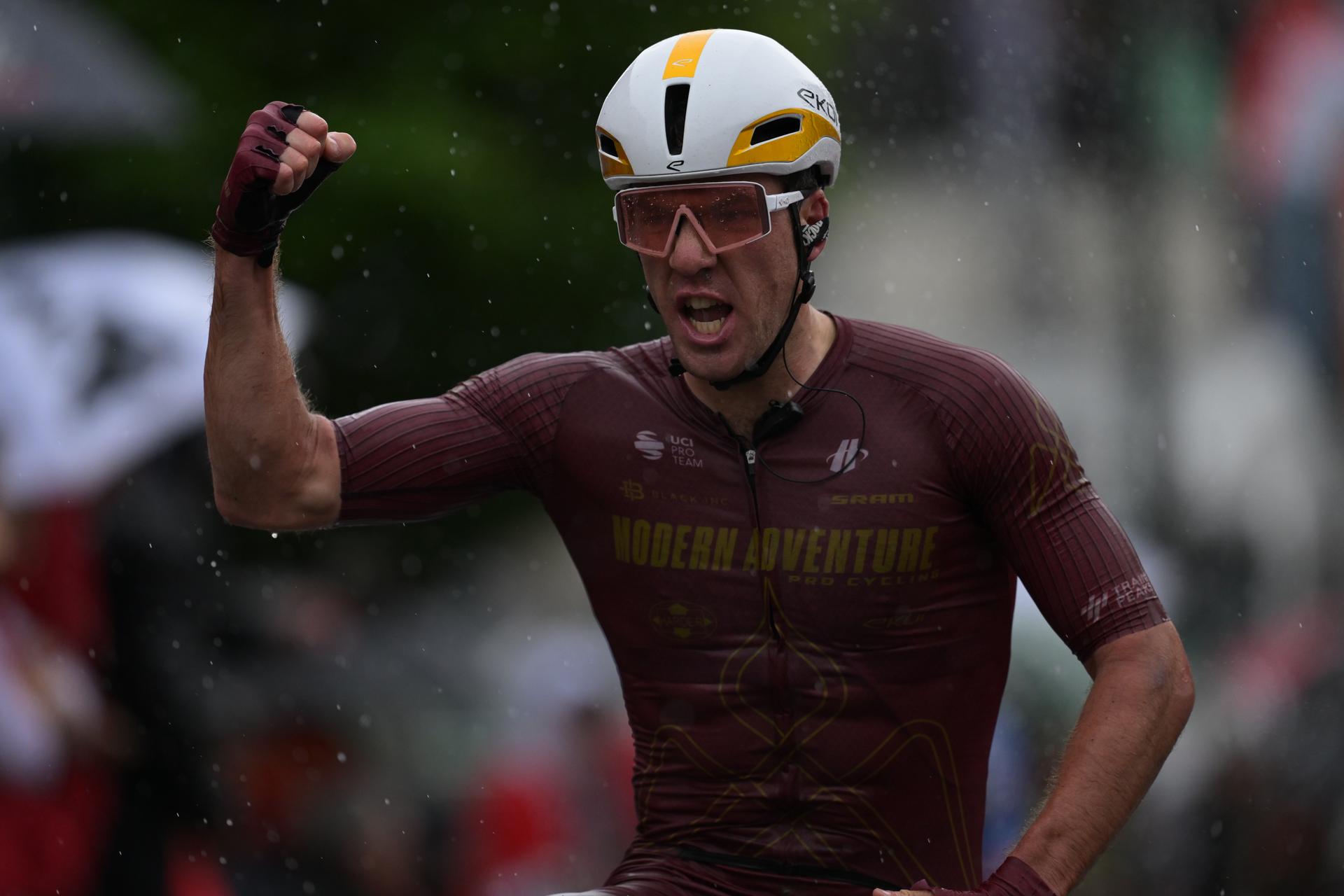 New Zealander Ben Oliver of Modern Adventure Pro Cycling celebrates as he wins the second stage of the Tour De Wallonie cycling race, 192 km from Jodoigne to Libramont-Chevigny, on Tuesday 02 June 2026. BELGA PHOTO DAVID PINTENS