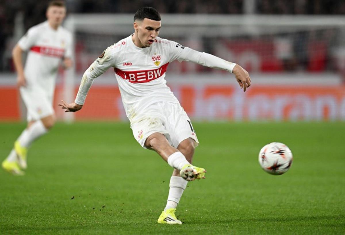 Stuttgart's German-Marrocan forward #11 Bilal El Khannouss kicks the ball during the UEFA Europa League - Last 16 - first leg football match VfB Stuttgart v FC Porto in Stuttgart, southern Germany, on March 12, 2026. THOMAS KIENZLE / AFP