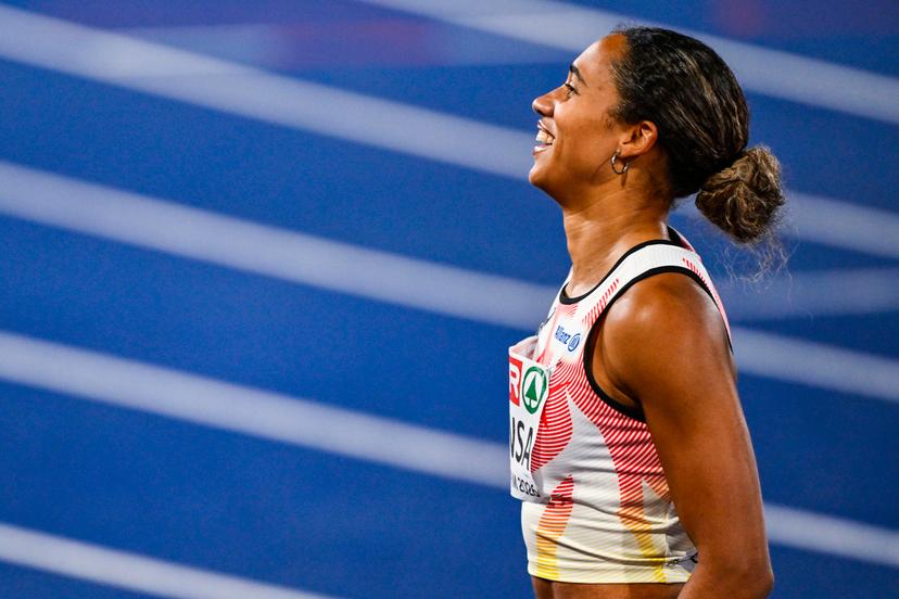 Belgian Delphine Nkansa celebrates after she finished third with new record 11.6 s at the final of the women's 100m race at the European Athletics Championships (August 10-18) in Birmingham, United Kingdom, on Monday 10 August 2026. BELGA PHOTO ERIC LALMAND