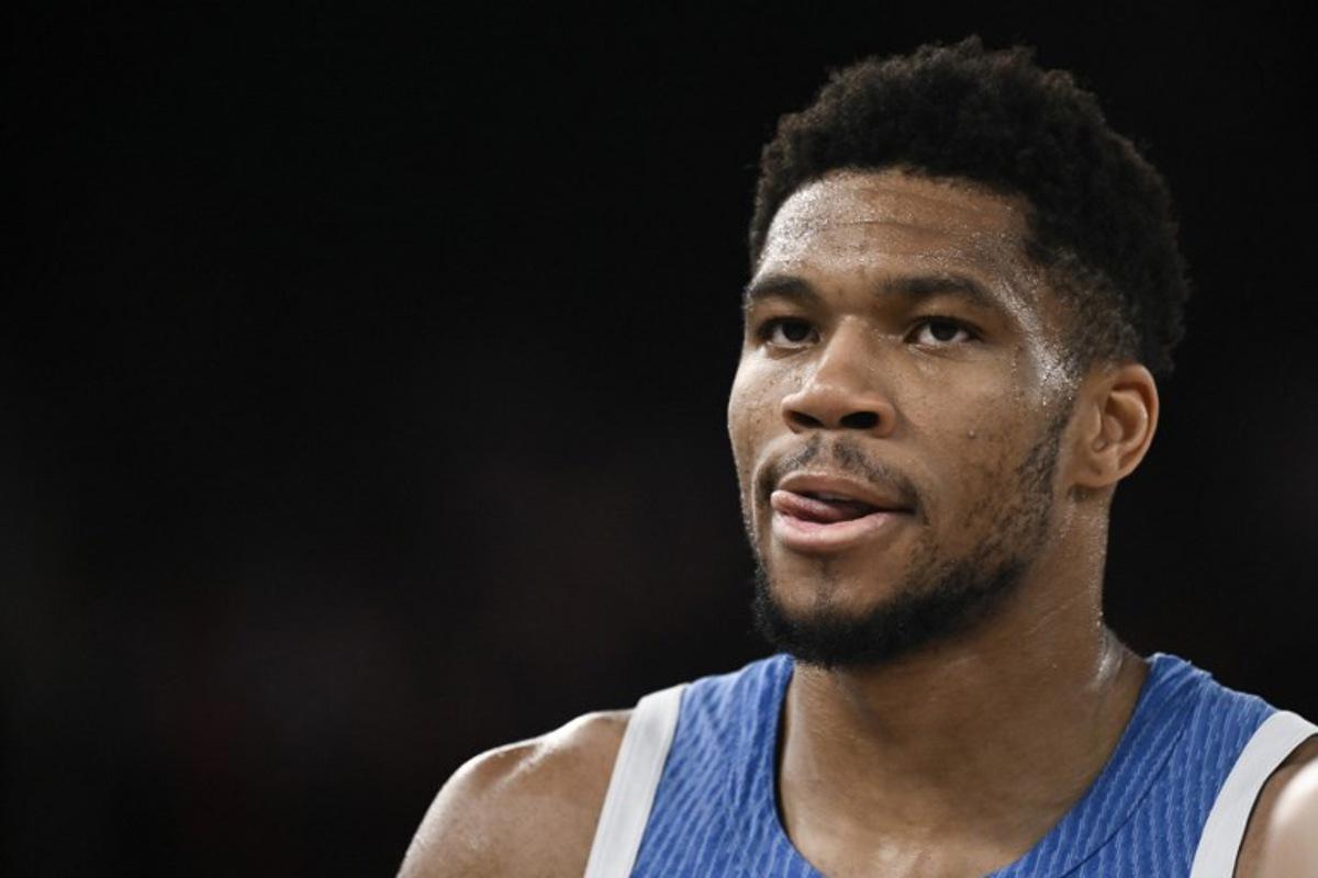 Greece's #34 Giannis Antetokounmpo looks on during the men's quarterfinal basketball match between Germany and Greece during the Paris 2024 Olympic Games at the Bercy Arena in Paris on August 6, 2024. Aris MESSINIS / AFP