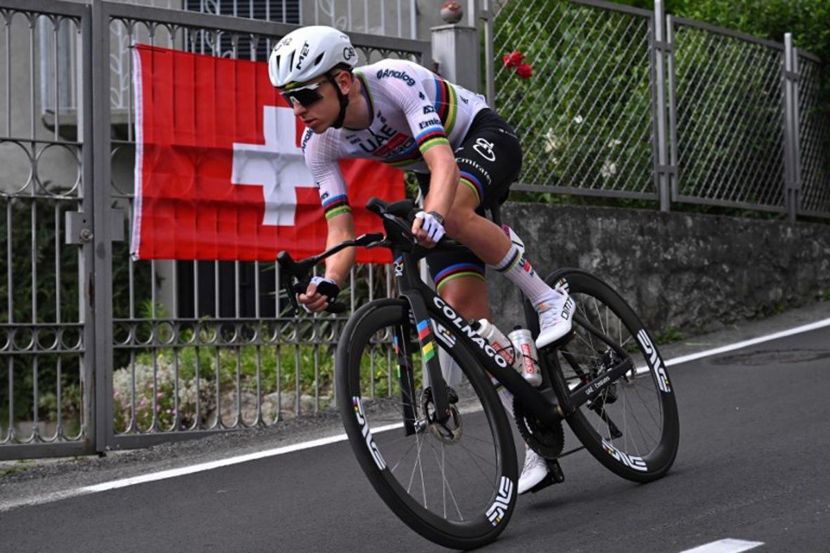 Slovenia's rider Tadej Pogacar of team UAE Emirates - XRG competes in the first stage of the Men's Tour of Switzerland (Tour de Suisse) cycling race, in Sondrio, Italy, on June 17, 2026. Marco BERTORELLO / AFP