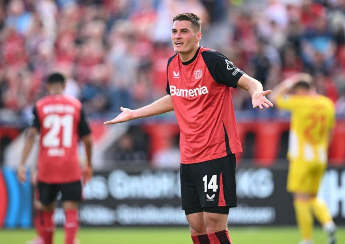 Bayer Leverkusen's Czech forward #14 Patrik Schick reacts during the German first division Bundesliga football match between Bayer Leverkusen and Union Berlin in Leverkusen, western Germany, on April 12, 2025. INA FASSBENDER / AFP
