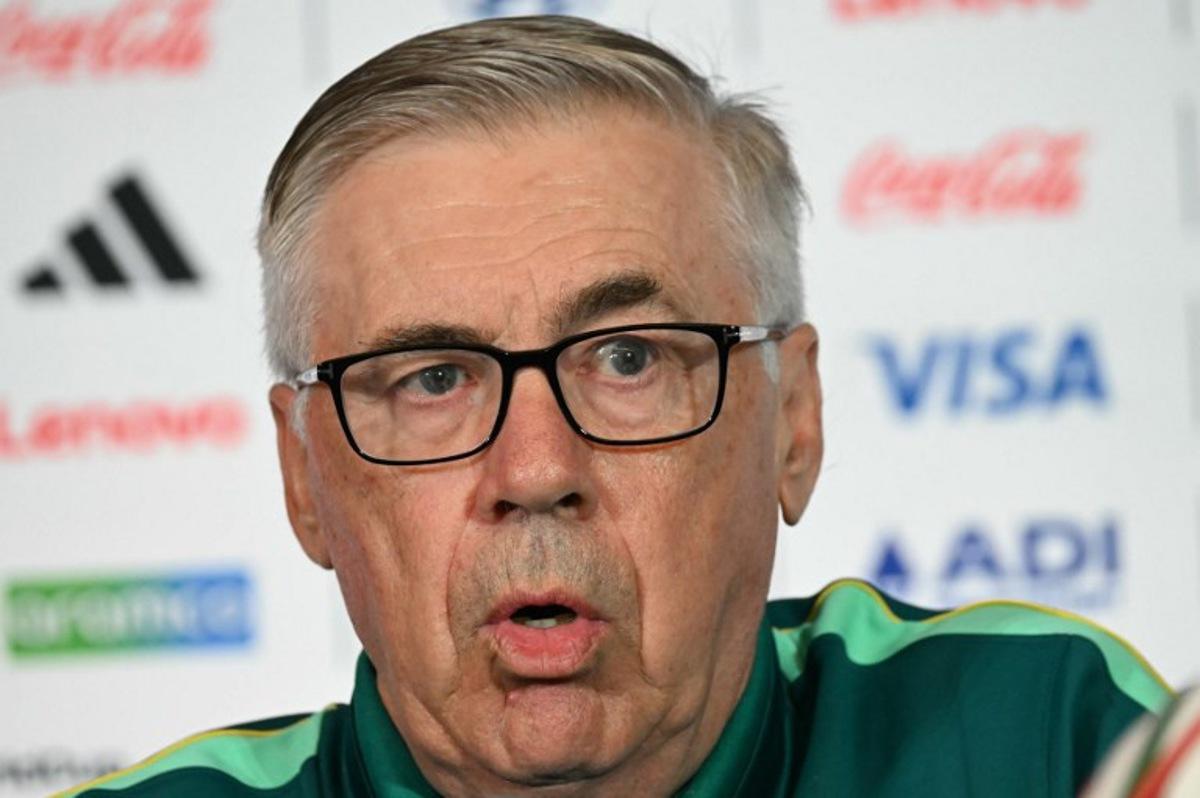 Brazil's Italian head coach Carlo Ancelotti speaks during a press conference on the eve of the 2026 World Cup Round of 32 football match between Brazil and Japan at Houston stadium in Houston on June 28, 2026. RONALDO SCHEMIDT / AFP
