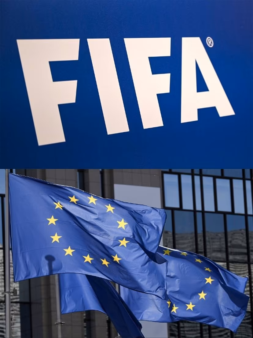(COMBO) This combination of files pictures created on July 29, 2026 shows the FIFA logo during a press conference held by the president of the football's governing body at the FIFA Executive Football Summit on February 15, 2019 in Istanbul and European flags fluttering outside the EU Council headquarters in Brussels on March 18, 2026. EU sports chief on July 29, 2026 hit out at FIFA's plans to sell a stake in its competitions including the World Cup, warning international football's governing body: "Hands off our game." OZAN KOSE, Nicolas TUCAT / AFP