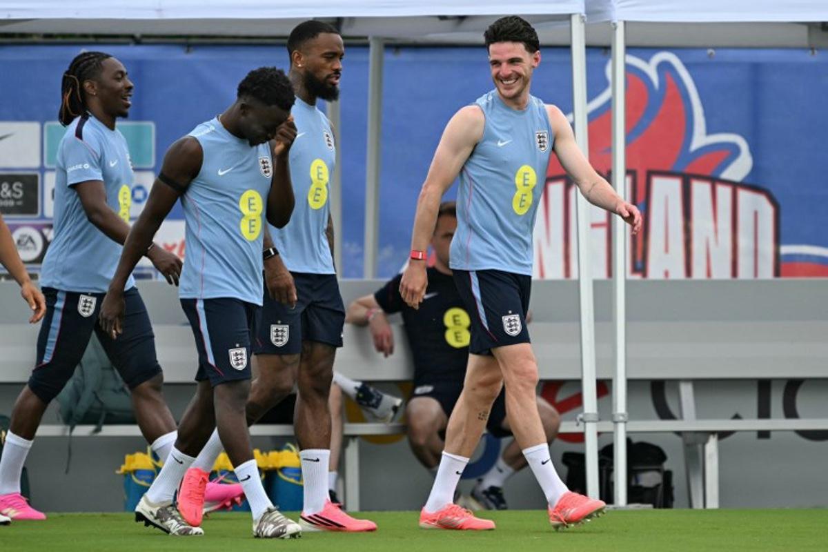 (LtoR) England's midfielder Ethan Nwaneri, forward Eberechi Eze, forward Ivan Toney and midfielder Declan Rice take part in a training session as part of the team's preparation for its FIFA 2026 World Cup football tournament opening match against Croatia at the team's training camp in Palm Beach Gardens on June 9, 2026. CHANDAN KHANNA / AFP