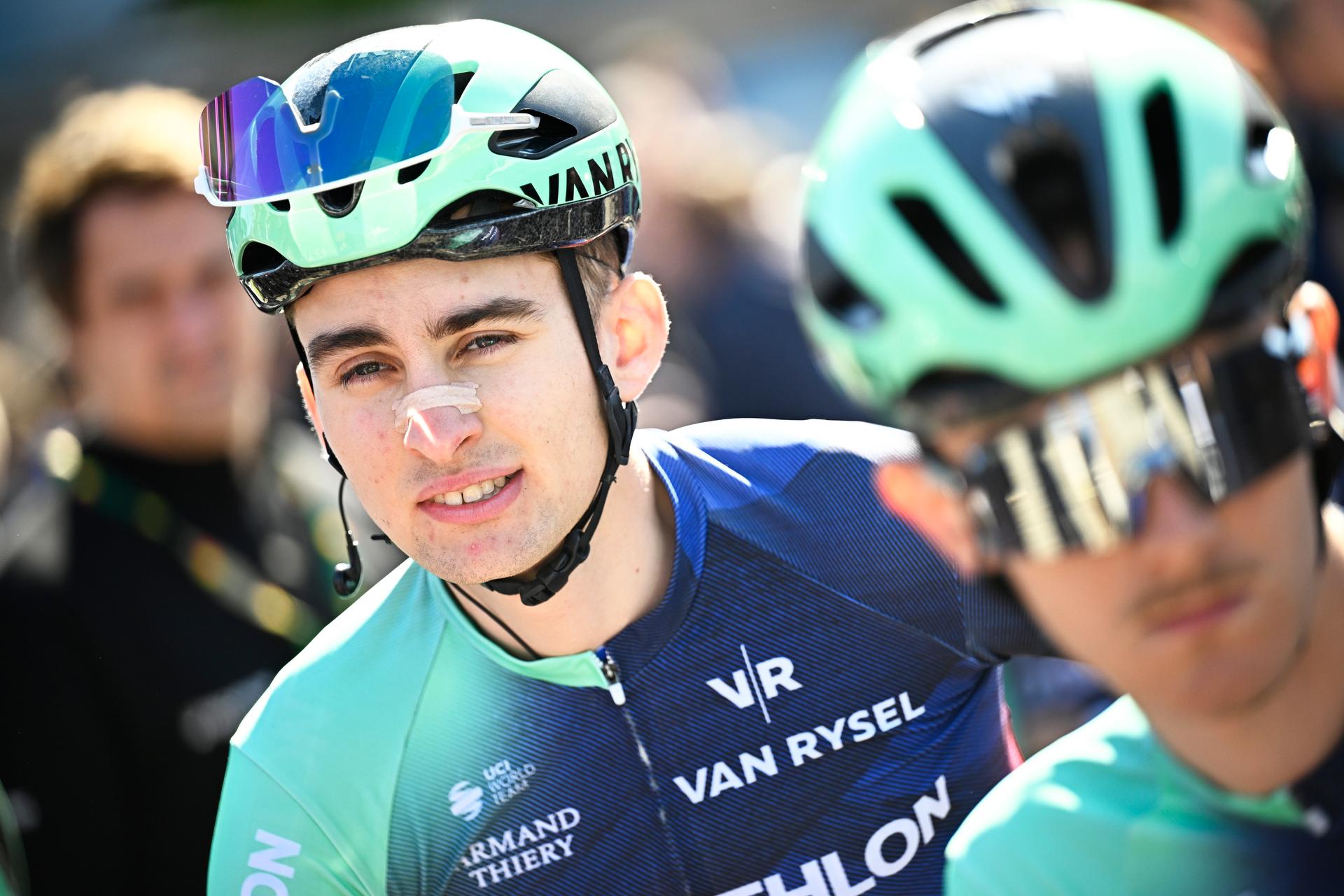 French Paul Seixas of Decathlon CMA CGM Team pictured at the start of the men's race of the 90th edition of the 'La Fleche Wallonne', one day cycling race (Waalse Pijl - Walloon Arrow), 200 km from Herstal to Huy, Wednesday 22 April 2026. BELGA PHOTO JASPER JACOBS