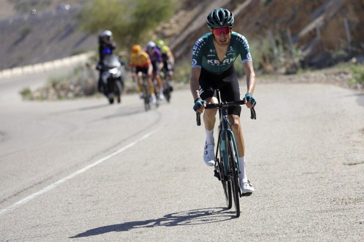 Spanish rider Ivan Cobo Cayon of Equipo Kern Pharma competes during the second stage of the Tour of Oman 2023, from the Sultan Qaboos Sports Complex to Qurayyat, on February 12, 2023. Thomas SAMSON / AFP