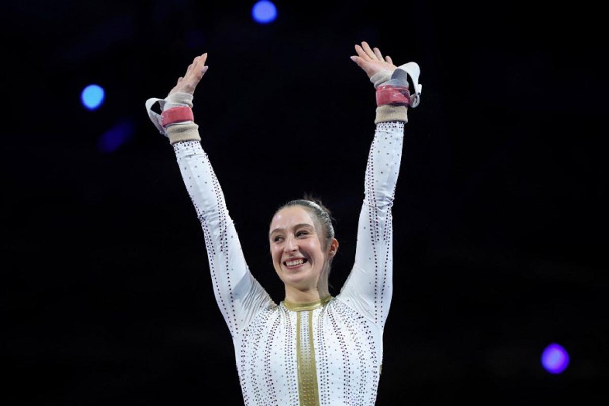 Belgium's Nina Derwael celebrates after winning the women's uneven bars final of the Men's and Women's Artistic Gymnastics European Championships in Leipzig, eastern Germany on May 30, 2025. Ronny HARTMANN / AFP