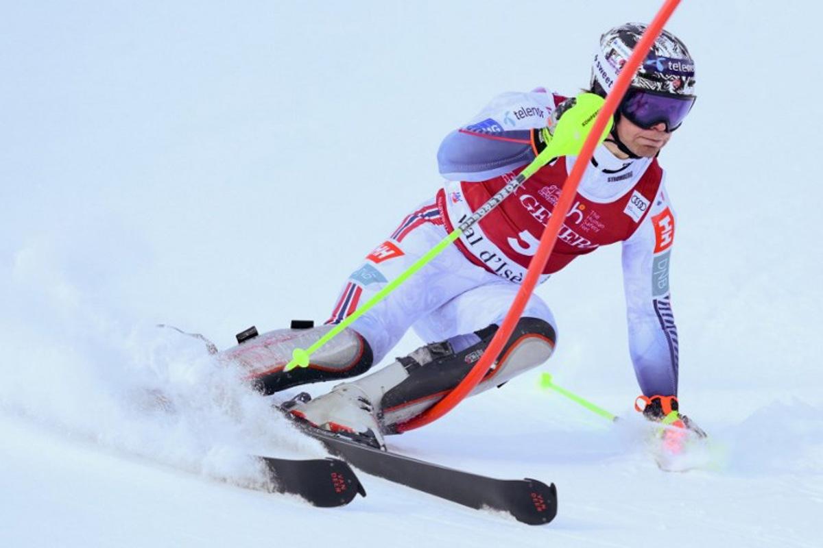 Norway's Timon Haugan competes during the first run of the Men's Slalom event of the FIS Alpine Skiing World Cup in Val d'Isere, on December 14, 2025. Olivier CHASSIGNOLE / AFP