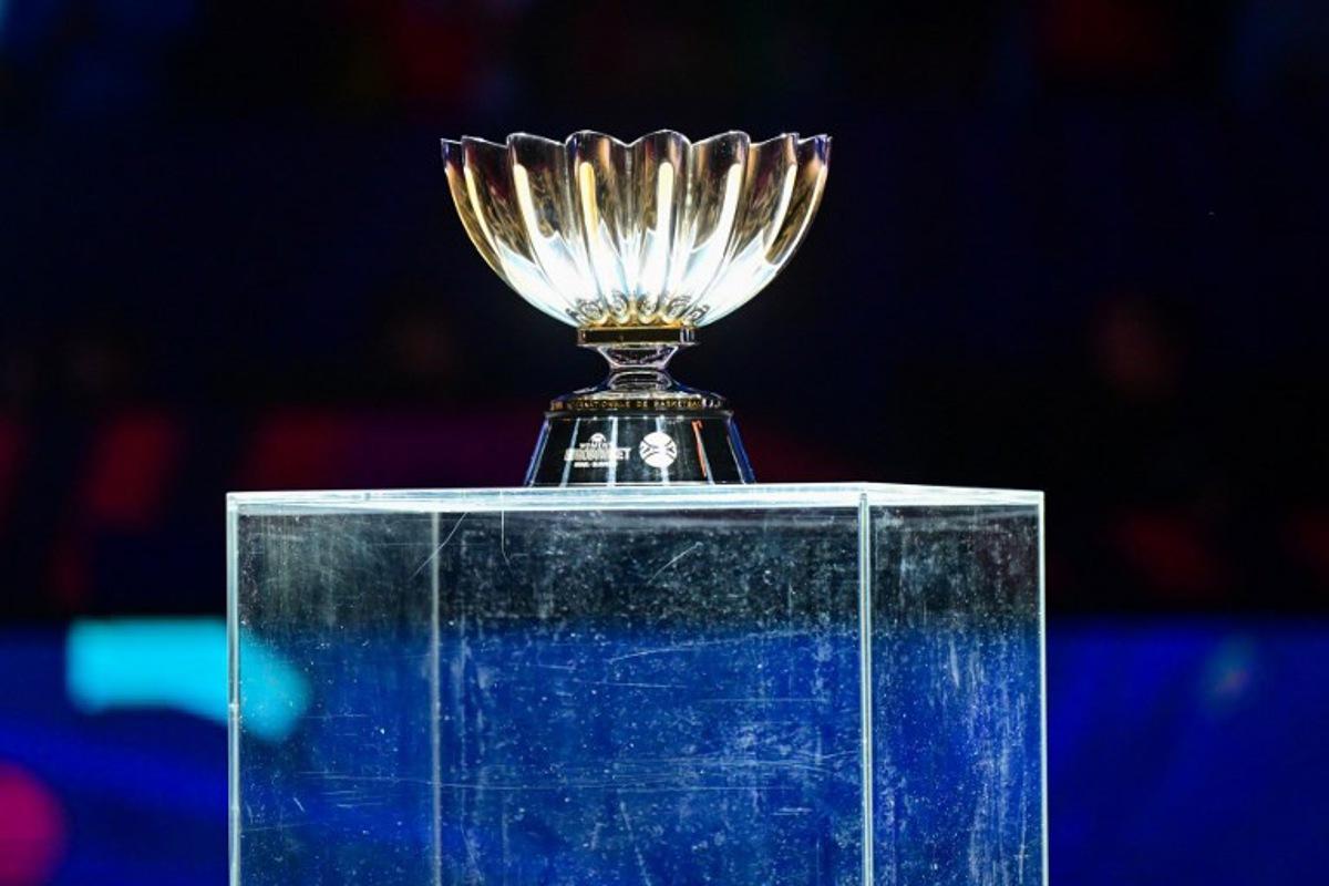 This photograph taken at the Arena Stozice in Ljubljana, Slovenia, on June 25, 2023, shows the trophy prior to the FIBA Women's Eurobasket 2023 final basketball match between Spain and Belgium. Jure Makovec / AFP