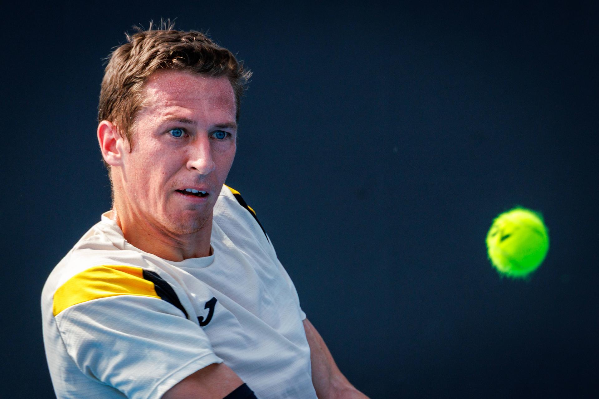 Belgium's Kimmer Coppejans pictured in action during a third round qualifying match in the men's singles against USA's Svajda at the Australian Open, Melbourne Park, Melbourne on Thursday 15 January 2026. BELGA PHOTO PATRICK HAMILTON --- BENELUX ONLY ---