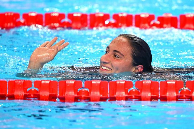 Italy's swimmer Simona Quadarella celebrates finishing second in the final of the women's 1500m freestyle swimming event during the 2025 World Aquatics Championships in Singapore on July 29, 2025. François-Xavier MARIT / AFP