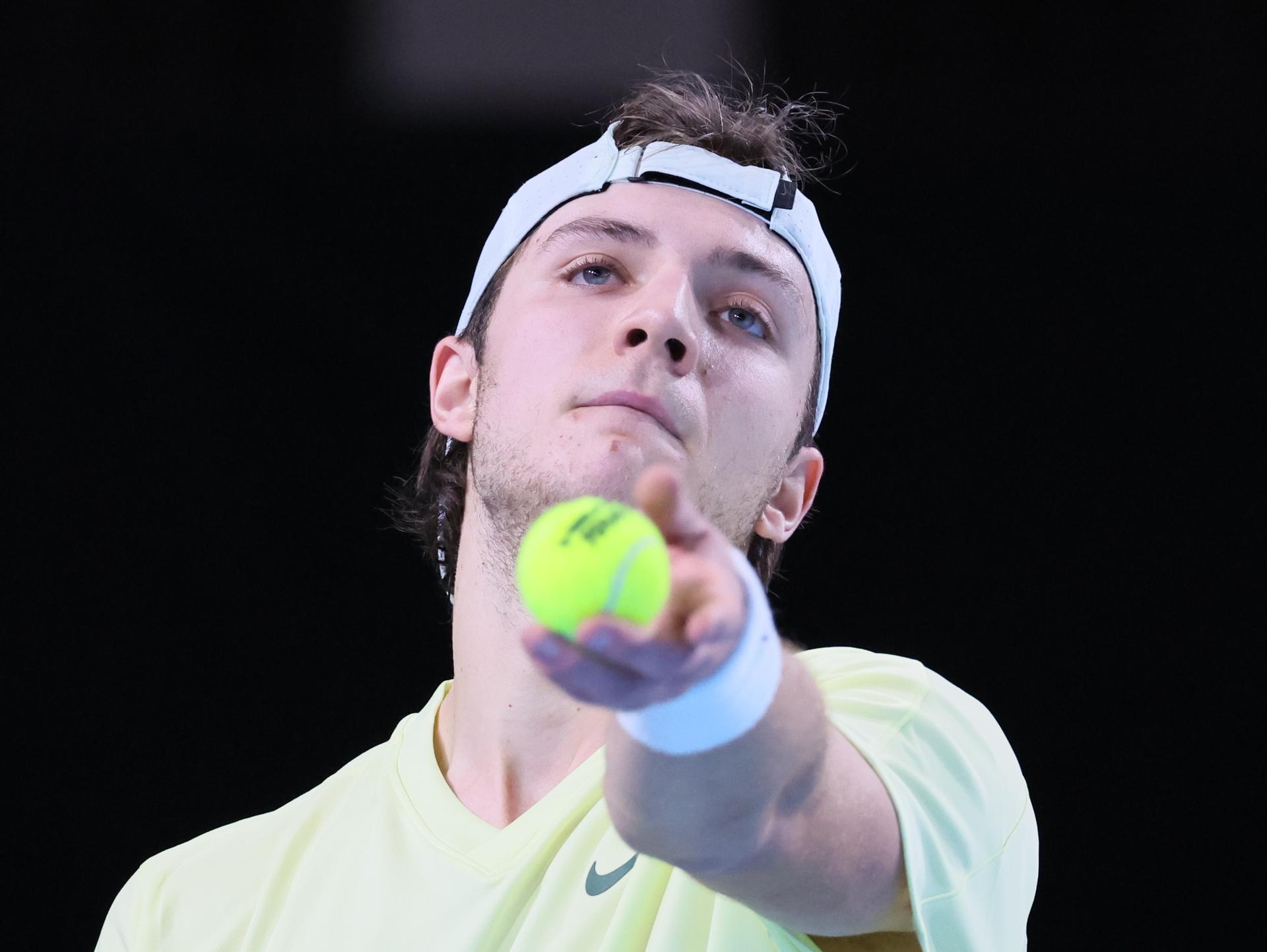 Belgian Tibo Colson pictured in action during a tennis match against German Squire, a qualification match for the men's singles at the BW Open ATP Challenger 125 tournament, in Louvain-la-Neuve, Monday 22 January 2024. THE BW Open takes place from 22 to 28 January. BELGA PHOTO BENOIT DOPPAGNE
