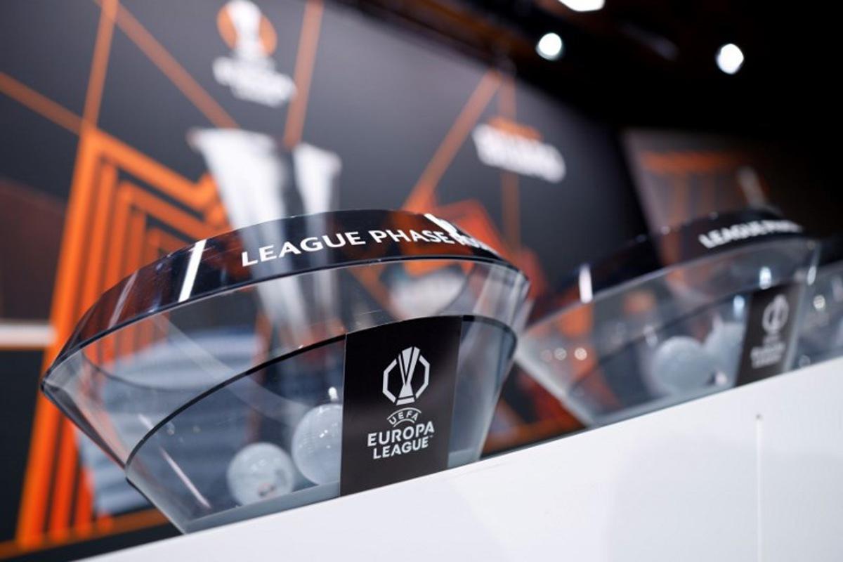 A photo shows the competition logo on a draw bowl prior to the draw for the round of 16 of the 2024-2025 UEFA Europa League football tournament at the House of European Football in Nyon, on February 21, 2025. Valentin Flauraud / AFP