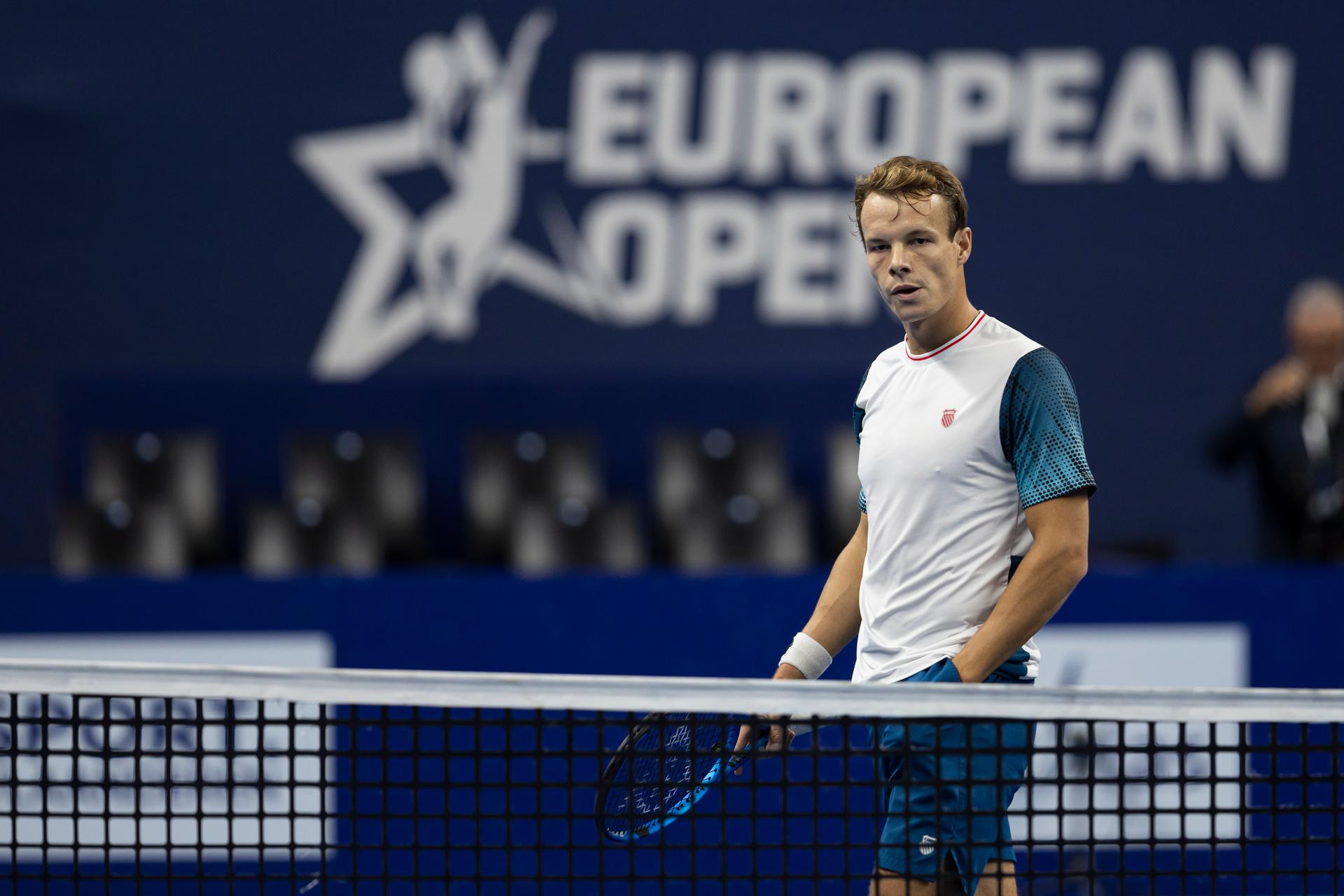 Belgian Michael Geerts pictured during the qualifying phase of the European Open Tennis ATP tournament, in Antwerp, Sunday 13 October 2024. BELGA PHOTO DAVID PINTENS