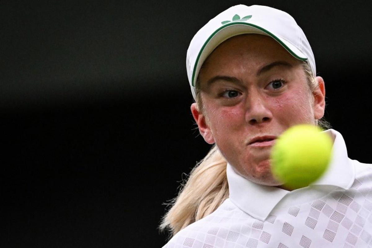 Britain's Sonay Kartal eyes the ball as she returns it to Russia's Anastasia Pavlyuchenkova during their women's singles fourth round tennis match on the seventh day of the 2025 Wimbledon Championships at The All England Lawn Tennis and Croquet Club in Wimbledon, southwest London, on July 6, 2025. Kirill KUDRYAVTSEV / AFP