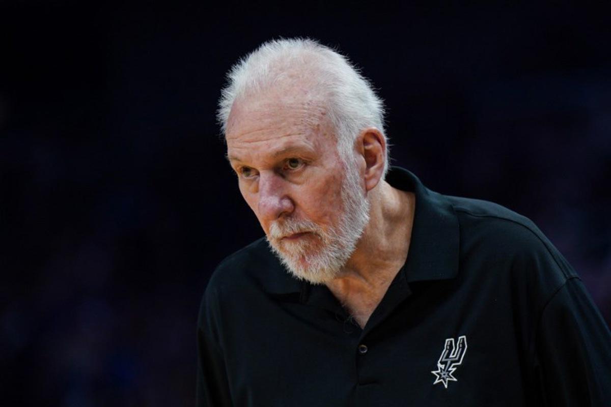 San Antonio Spurs' head coach Gregg Popovich looks on during the NBA preseason game between the San Antonio Spurs and Golden State Warriors at Chase Center in San Francisco, California on October 20, 2023. Loren Elliott / AFP