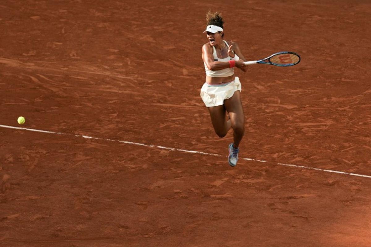 Egypt's Mayar Sherif plays a forehand return to US Coco Gauff during their women's singles match on day 5 of the French Open tennis tournament on Court Suzanne-Lenglen at the Roland-Garros Complex in Paris on May 28, 2026. Dimitar DILKOFF / AFP