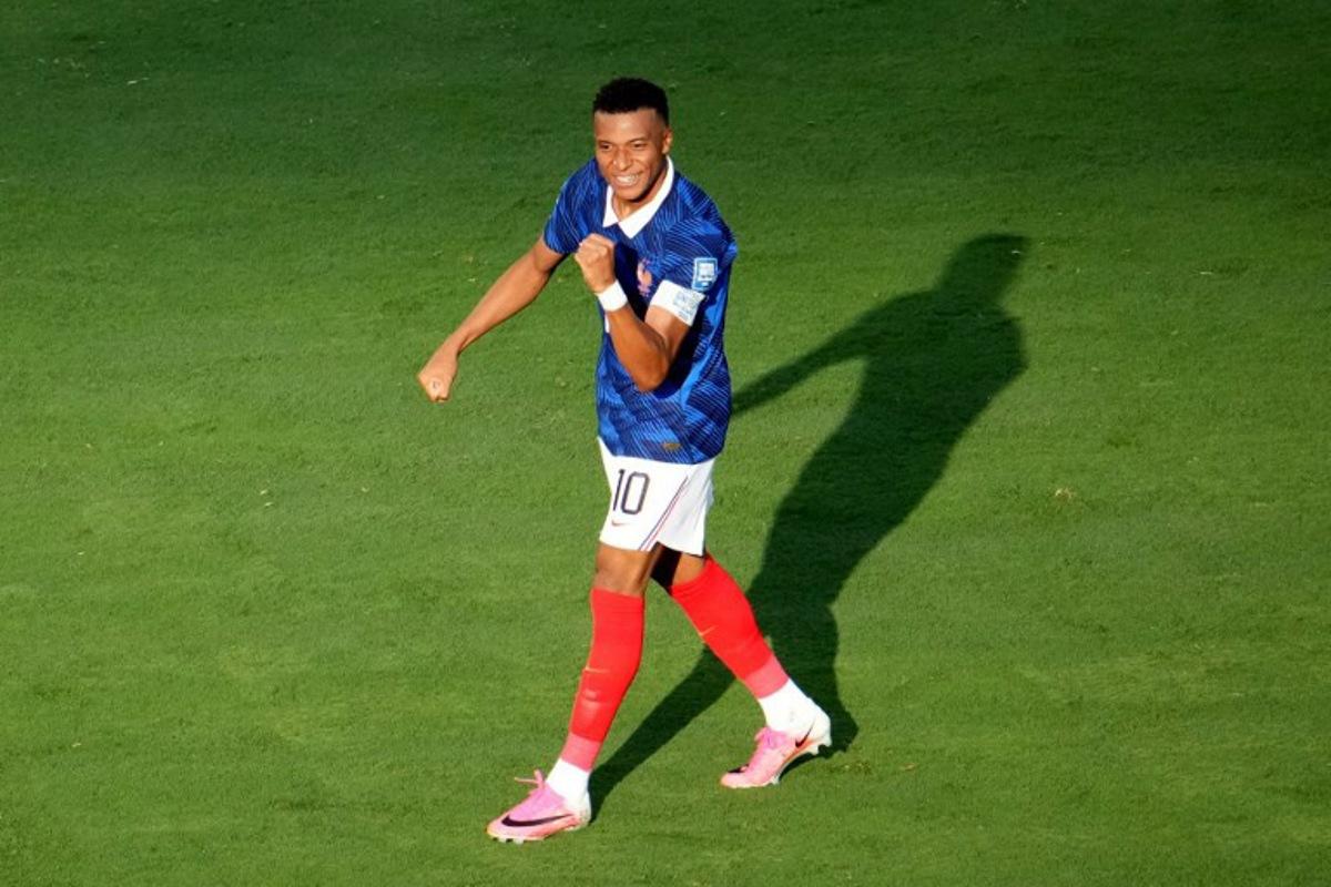 France's forward #10 Kylian Mbappe celebrates scoring his team's third goal during the 2026 World Cup round of 32 football match between France and Sweden at the New York/New Jersey Stadium in East Rutherford on June 30, 2026. TIMOTHY A. CLARY / AFP